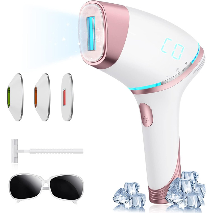 Пристрій для епіляції IPL з охолодженням 5°C, лазерний епілятор з 3 насадками, 5 рівнів потужності, безліч імпульсів, для жінок та чоловіків