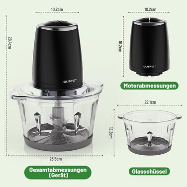 Електричний подрібнювач OUSFOT Multizerkleinerer, 1.8L, 500W, з скляною чашею. Підходить для овочів, фруктів, м'яса. Чорний.