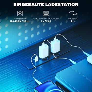 Ігровий L-подібний стіл з LED-підсвіткою та розетками, 165x80x91.5 см