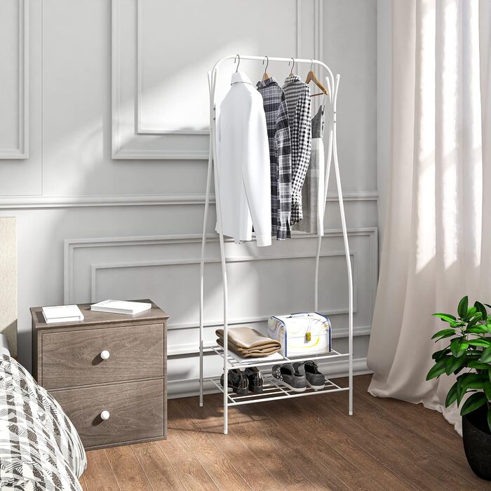 WOLTU Clothes Rack Coat Stand Clothes Rail Shoe Shelf Metal with 2 Metal Shelves for Shoes, White, approx. 58.5x32x158cm (WxDxH)