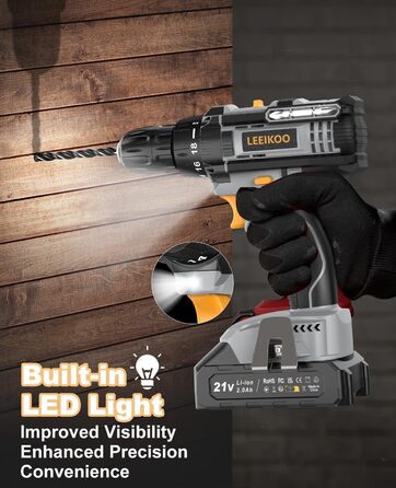 Акумуляторний шуруповерт LEEIKOO 21V з акумулятором 2.0Ah, 42N.m, 10мм патрон, 2 швидкості, 18+1 момент, LED, 20шт набору, сірий