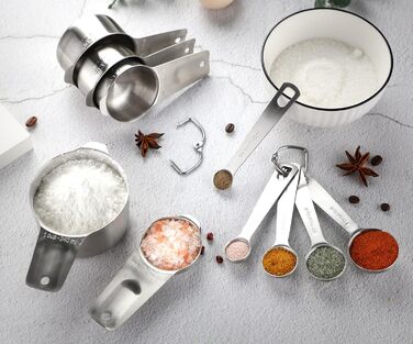 Measuring Cup and Spoon Set Stainless Steel Measuring Cup & Spoon Set includes 7 stainless steel metal measuring cups, 6 measuring spoons, and 5 mini measuring spoons for dry and liquid ingredients.