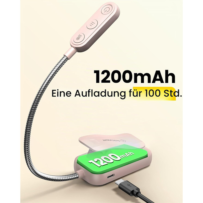 Світлодіодна лампа для читання Glocusent з прищіпкою, USB-аккумуляторна книга-лампа, 20 LED, 5 режимів кольорової температури та регулювання яскравості, гнучка на 360°, рожева