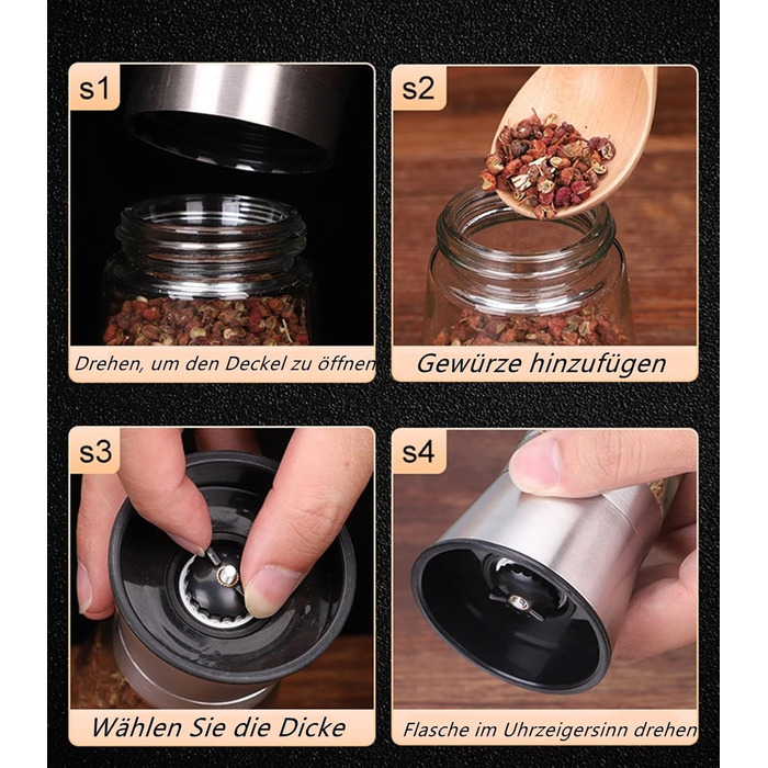 Набір з 2 мельниць для солі та перцю - сталеві та скляні з регульованим керамічним жорном, з можливістю поповнення, для солі та перцю