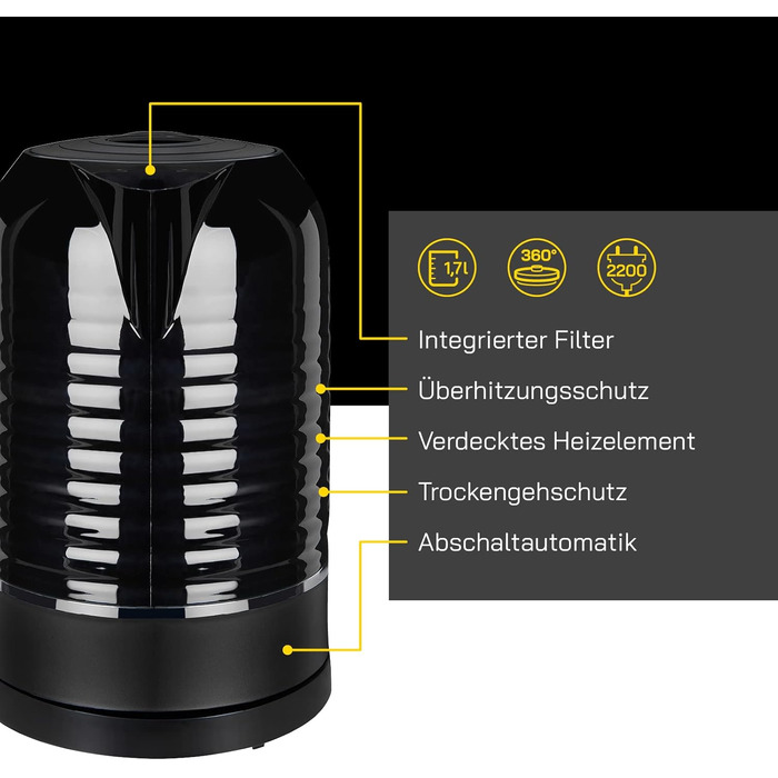 Електричний чайник WATER 3300 C, 1,7 л, 2200 Вт, антинакип, захист від перегріву, чорний