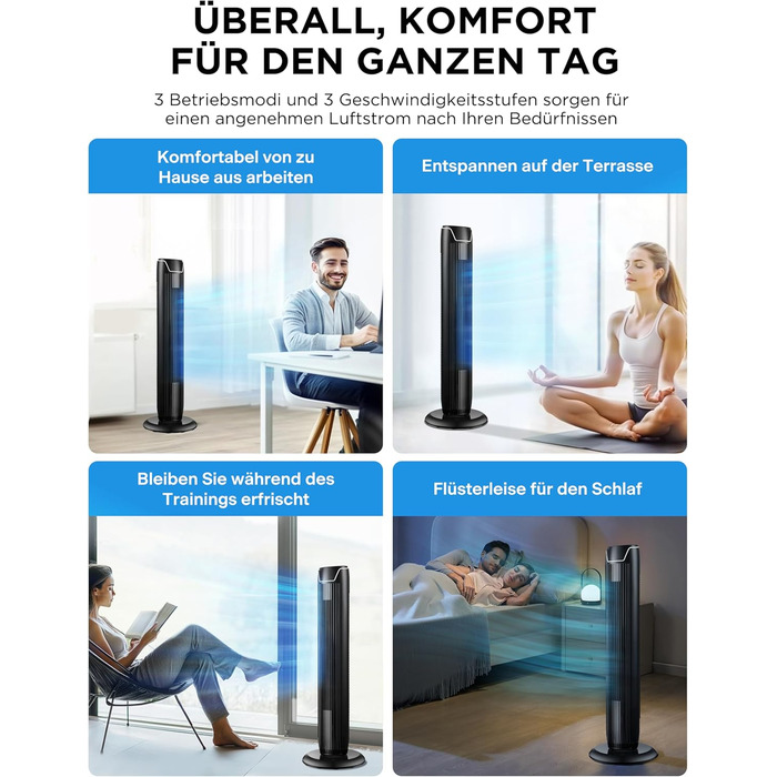 Вентилятор підлоговий Midea FZ10-17JR Tower 92 см з пультом, 3 режими, 3 швидкості, таймер 7 год, чорний