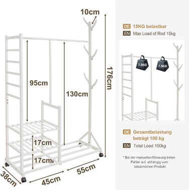 Yorbay Bamboo Clothes Rack with Wheels, Clothes Rail, 3 Shelves and 6 Hooks, Tree Shape, 100 x 38 x 176 cm (White)