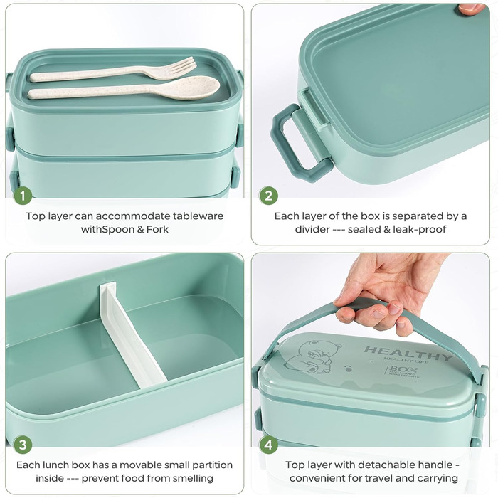 Бенто-бокс 2700 мл, 3-рівневий з виделкою та ложкою, 4-в-1, для їжі, зберігання продуктів, для чоловіків, жінок, студентів, мікрохвильова та посудомийна машини (Хакі, Легкоблакитний)