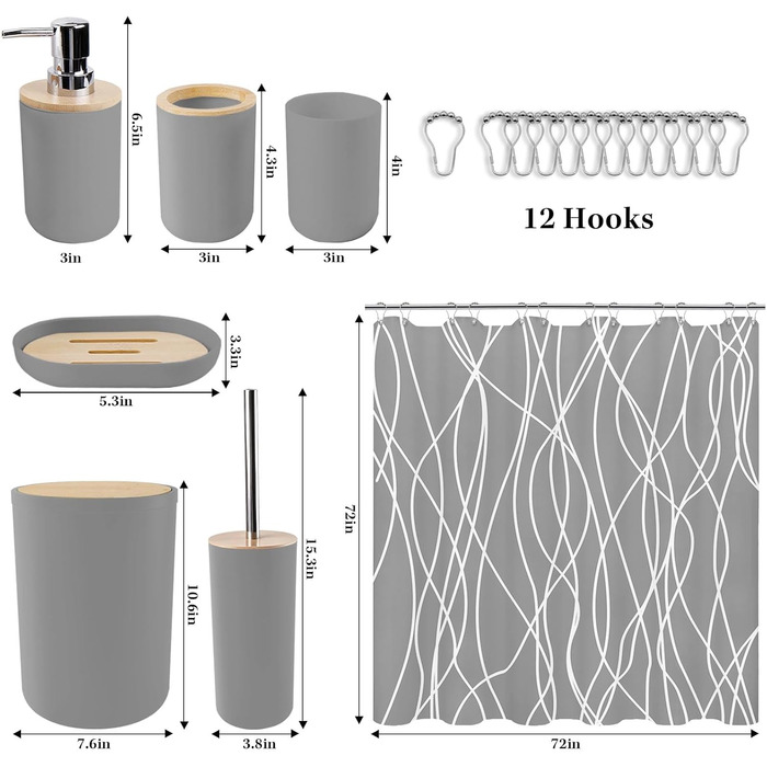 Набір аксесуарів для ванної кімнати Britimes, сірий: душова завіса, відро для сміття, дозатор мила, тримач для унітазної щітки, тримач для зубних щіток та стаканчик для зубних щіток
