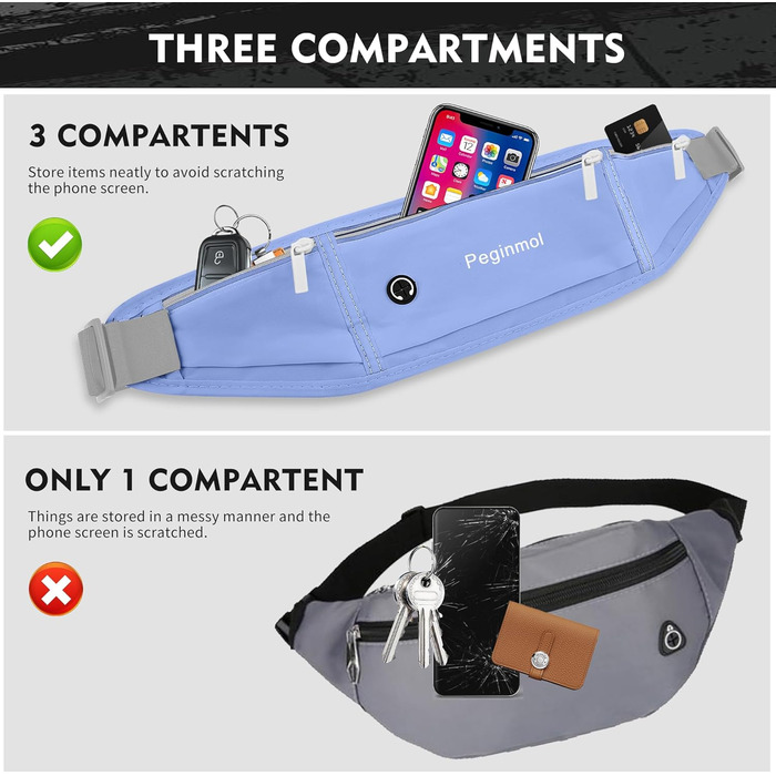 Пояс для телефону для бігу, спортивна сумка для джогінгу, водонепроникний пояс на пояс для бігу для жінок та чоловіків з 3 кишенями, велика місткість, регульований біговий пояс (Чорний + Зелений) (Синій)