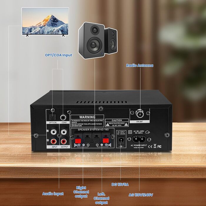 AK55 HiFi стерео підсилювач 2-канальний, 1000 Вт Bluetooth 5.3, 50+50 Вт, для 8-дюймових домашніх колонок, бас/требл, AUX, FM, мікрофон, USB