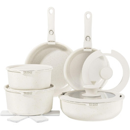 Набір кухонного посуду YASHE 15 предметів: каструлі та сковорідки з гранітно-посудомийним покриттям, знімні ручки, компактний, легко миється, сумісний з індукцією, газом та склокерамікою, білий