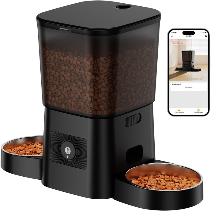 Автоматичний годівник для котів та собак HoneyGuardian з Wi-Fi, 2 миски, керування через додаток, 5G/2.4G, чорний, 3.5 л