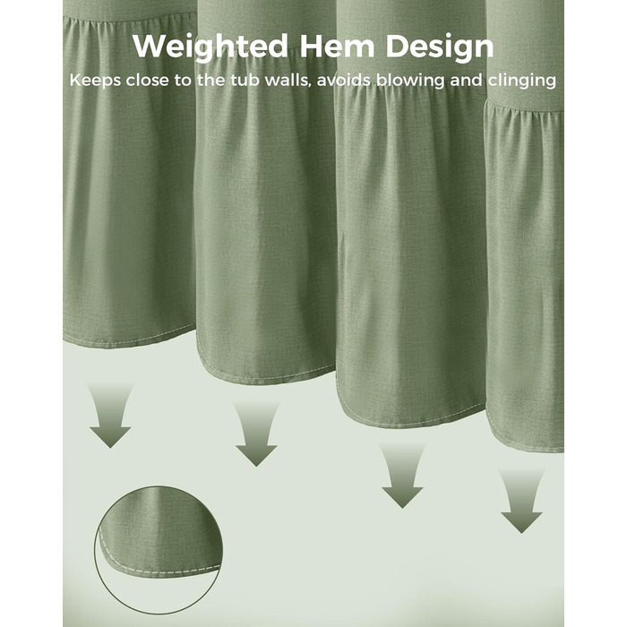 Штора для душу 180x180 см льон, зелена - водонепроникна, з антигрибковим покриттям, з утяжеленим краєм, з кільцями (1 шт)
