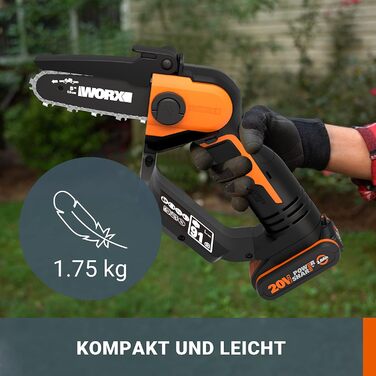 WORX WG324E Cordless One-Handed Pruning Saw 20V - 12cm Sword Length - Lightweight & Comfortable - PowerShare Compatible - with Battery and Charger