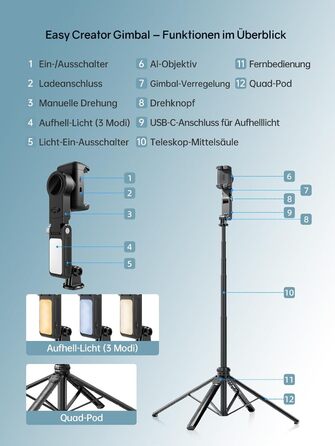 Штатив для смартфона Rollei з автоматичним відстеженням обличчя та стабілізацією відео 360° | Gimbal для TikTok Live Streaming