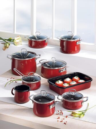 Riess, 0543-020, Flötenkessel Plus, CLASSIC - COLOR ROT, Diameter 18 cm, Height 21.7 cm, Capacity 2 liters, Enamel, 3-fold enamelled, red/black, Induction 21.7 cm Red