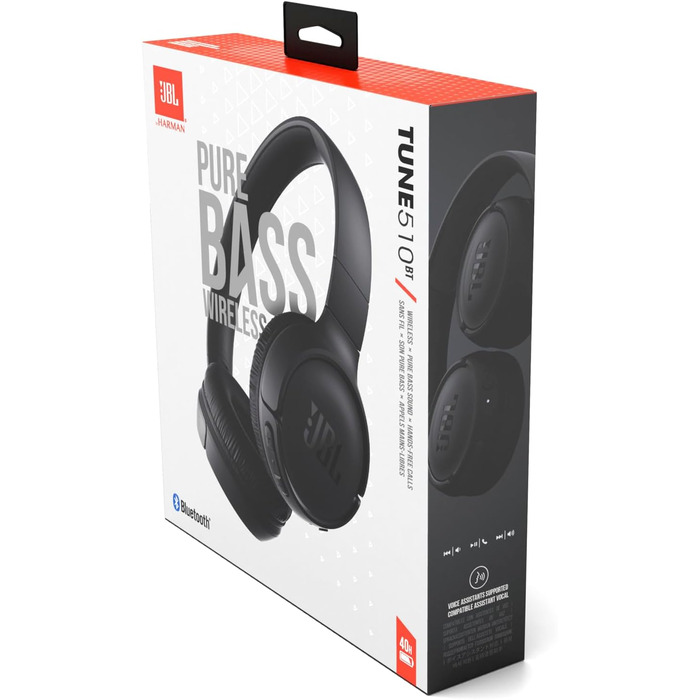Навушники JBL Tune 510 BT - Bluetooth, бездротові, чорні, складні, з функцією гучного зв'язку, сумісні зі голосовими асистентами, до 40 годин роботи