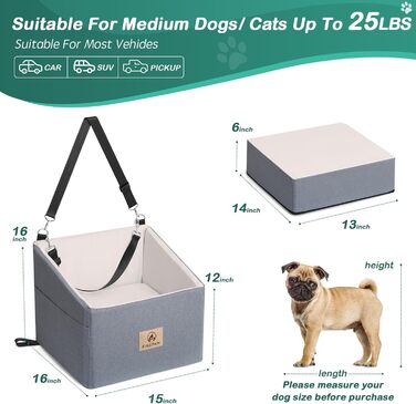 Автокрісло для собак, сіре, велике/маленьке, з підняттям та кишенями для зберігання. Підходить для собак до 25 кг або 2 цуценят. Знімне та пральне.