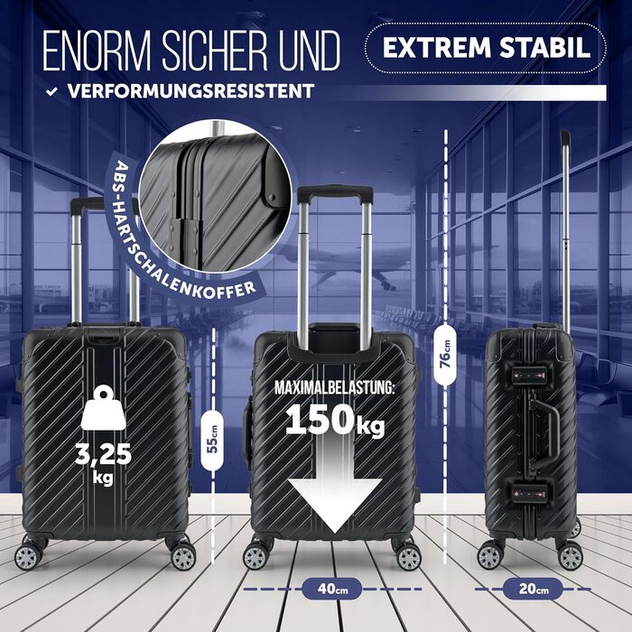 Чорний ручний багаж 20 дюймів з алюмінієвим каркасом | Валіза на колесах, водонепроникна, з кишенею для ноутбука, захист кутів