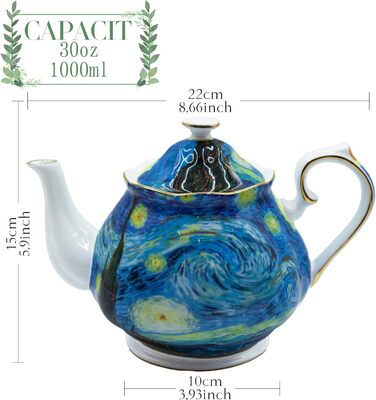Порцеляновий чайник Vintage з кістяного фарфору 1 л, біла троянда, візерунок зоряне небо, для чаю та кави, подарунок для чайної вечірки