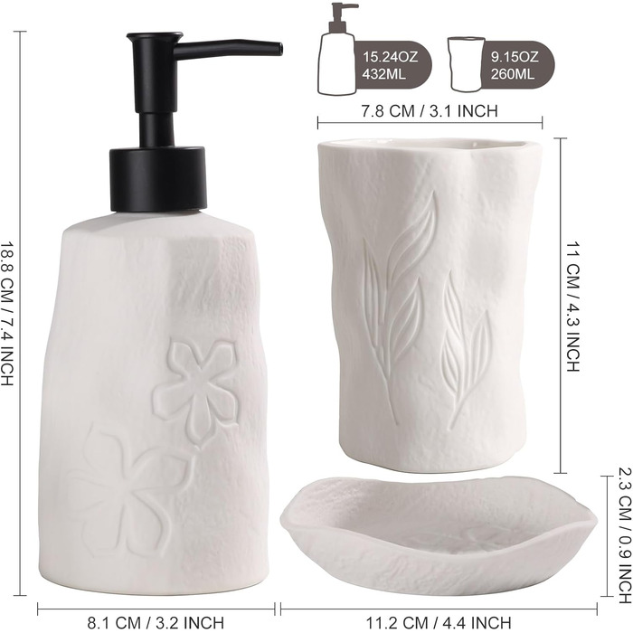 4-Piece Bathroom Accessories Set, Ceramic Bathroom Accessories Set with Soap Dispenser, Soap Dish, Toothbrush Holder, Elegant Matte Bathroom Set with Embossed Details, White