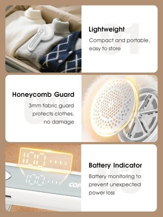 Електричний видальник ворсу COPPA з 6 лезами, 3 швидкості, перезаряджається, для одягу, з індикатором заряду