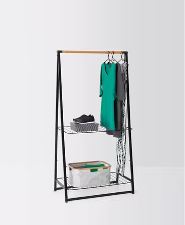 Brabantia - Linn Clothes Rail, Compact - Freestanding Clothes Rack - For Clothes - Hanging, Airing & Drying Clothes - Sturdy Steel Frame & Bamboo Rod - 47.6 cm x 34 cm x 170 cm - Matte (Black, Large)