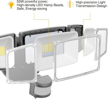 Onforu LED Floodlights with Motion Sensor Outdoor 55W, 5000 LM LED Floodlight, Outdoor Spotlight with Adjustable 3 Heads, 6500 K Cool White Spotlight, IP65 Waterproof Floodlight for Garage, Garden, Yard (Gray)