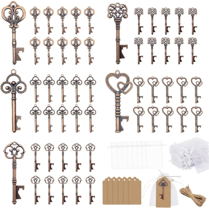 50-Piece Bottle Opener Favors, Clear Bag, Wedding Favors, Antique Rustic Party Decoration (Bronze)