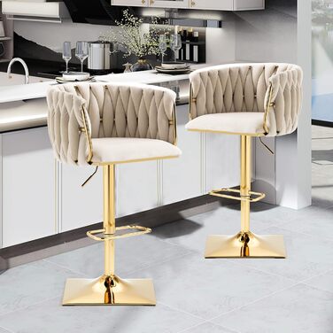 SUPPNEED Velvet Bar Stools 2-Pack - Adjustable Swivel Barstools with Backrest for Kitchen & Home Bar (Ivory)
