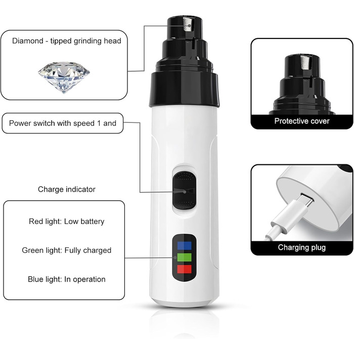 Набір для підстригання кігтів собак та котів, тихий електричний точило, 50 дБ, 2 швидкості, 3 отвори для точіння, для собак та котів різних розмірів