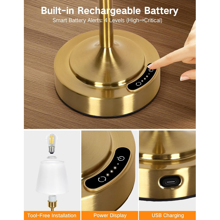 Акумуляторна LED настільна лампа OUTON з зарядкою та димером, 3 кольори світла, 4000mAh, до 60 год роботи, золота - 1 шт.