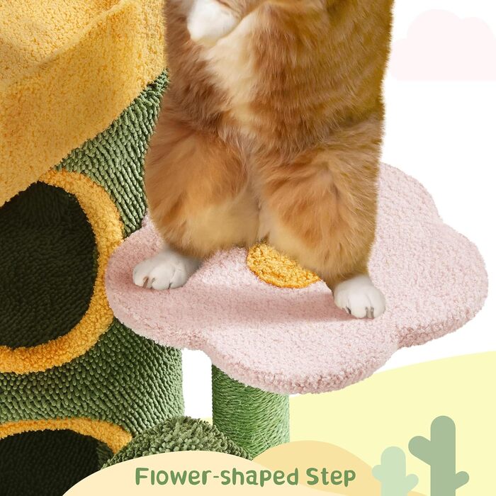 Дерево-кіготь для котів Yaheetech Kaktus, 123 см, оазис-тема, зелено-жовтий, для 2-3 котів, з 2 платформами та 2 печерами