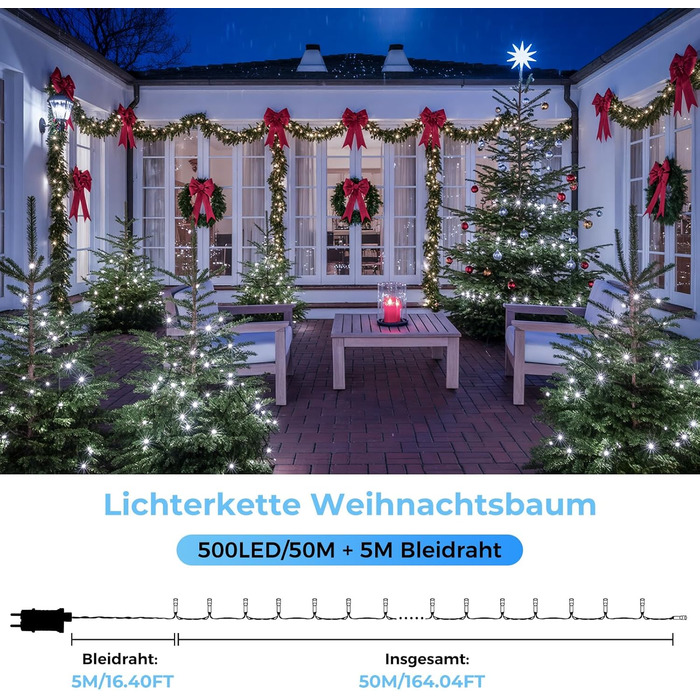 LED гірлянда на ялинку: 250 LED, тепле біле світло, 50 метрів. Водостійка гірлянда для дому та саду з 8 режимами та таймером. IP44, для прикраси на Різдво