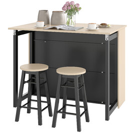 HOMCOM Bar Table with Bar Stool Set, 3-Piece Bar Table Set, Dining Table with Folding Tabletop, Kitchen Table with Cabinet, Dining Set for Dining Room, Living Room, Black | Aosom
