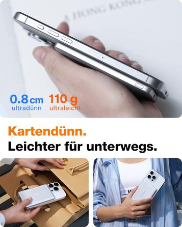 TORRAS MiniMag Ultra Slim Powerbank з MagSafe для iPhone 17 Pro Max, 5000mAh, Швидка зарядка, Бездротовий акумулятор, USB-C, Серія Titan (Сріблястий)