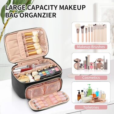 Косметичка для жінок, велика сумка для макіяжу, дорожня косметичка-кофр для жінок, сумка для макіяжу, косметична сумка з ручкою та роздільниками (чорний)
