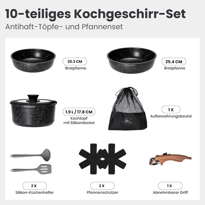 Набір посуду Dishdelight з антипригарним гранітним покриттям та знімними ручками, індукційний, з кришками (чорний)