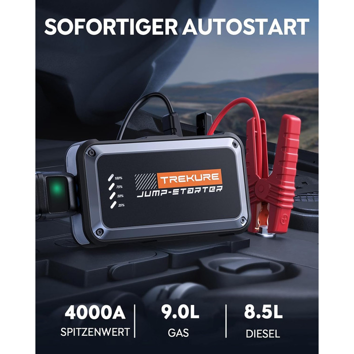 Powerbank Starthilfe TREKURE 4000A для автомобіля: 9.0L бензин/8.5L дизель, LED ліхтарик