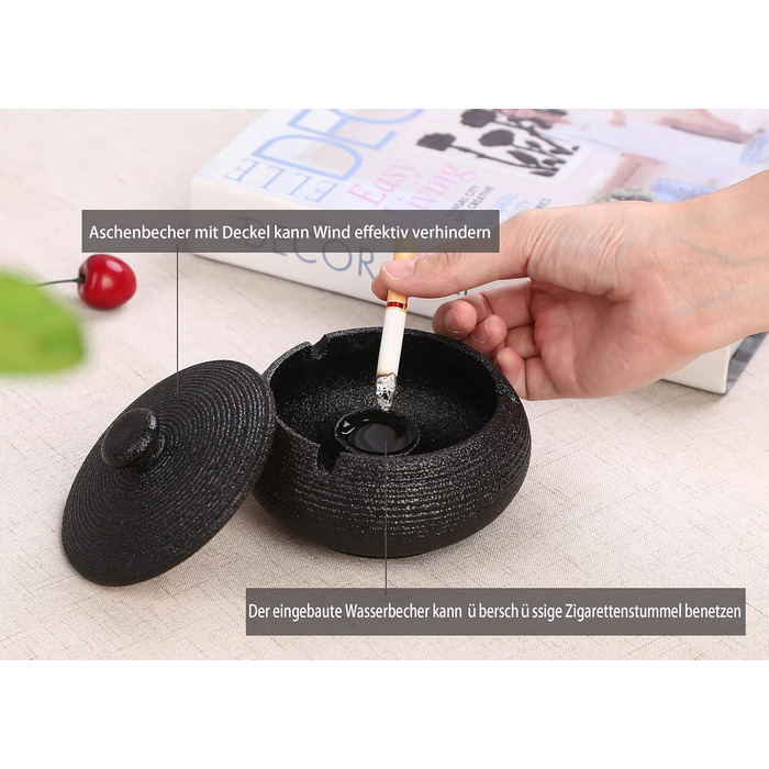 Керамічний попільничник з кришкою, ретро-дизайн, чорний колір, 11.5x8.5 см. Підходить для дому, офісу та вулиці.