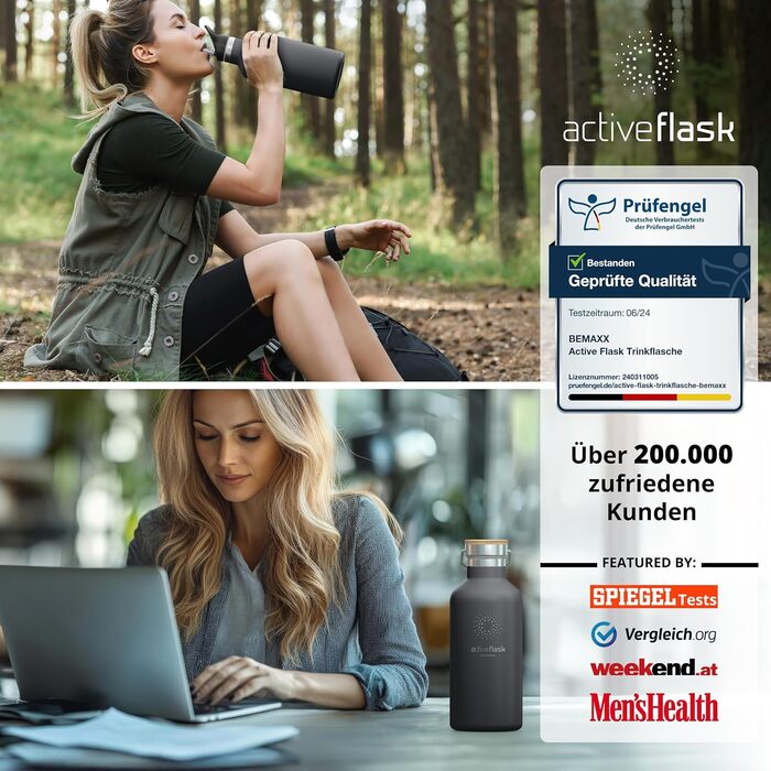 Фляга для води з нержавіючої сталі з трубочкою та інфузером, 3 кришки: BPA-free, не протікає, підходить для газованої води - спортивна фляга, термофляга, ізотермічна фляга, дитяча фляга для чаю (950 мл, Cool Grey Bamboo)