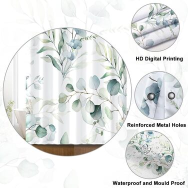 Штора для душу 120x200 см з евкаліптом, зелені листя, акварель, анти-грибок, водонепроникна, поліестер, з гачками для ванної кімнати