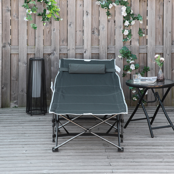 Outsunny Folding Sun Lounger with Head Pillow and Side Pocket, Integrated Storage Bag, Metal and Oxford Fabric, 188 x 64.5 x 53 cm, Grey | Aosom