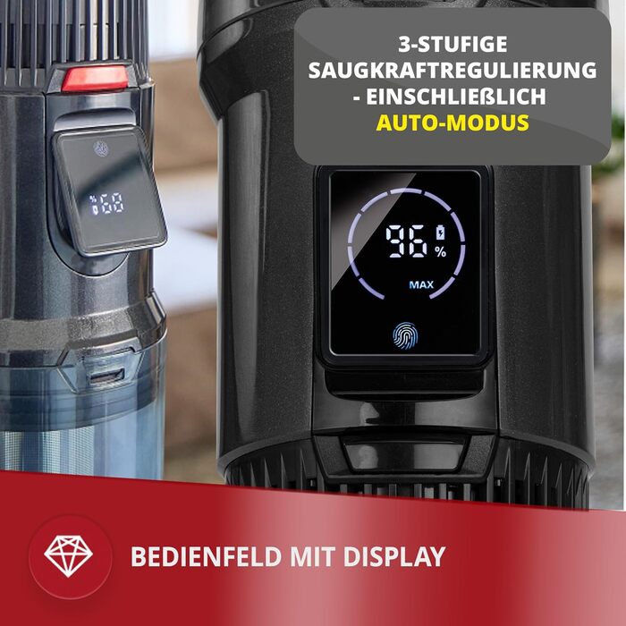 Акумуляторний пилосос MPM з цифровим дисплеєм та ручним пилососом 29,2V/250W - Інтелектуальний датчик пилу - Бездротовий акумуляторний пилосос - Пилосос без мішка - З кріпленням на стіну та аксесуарами