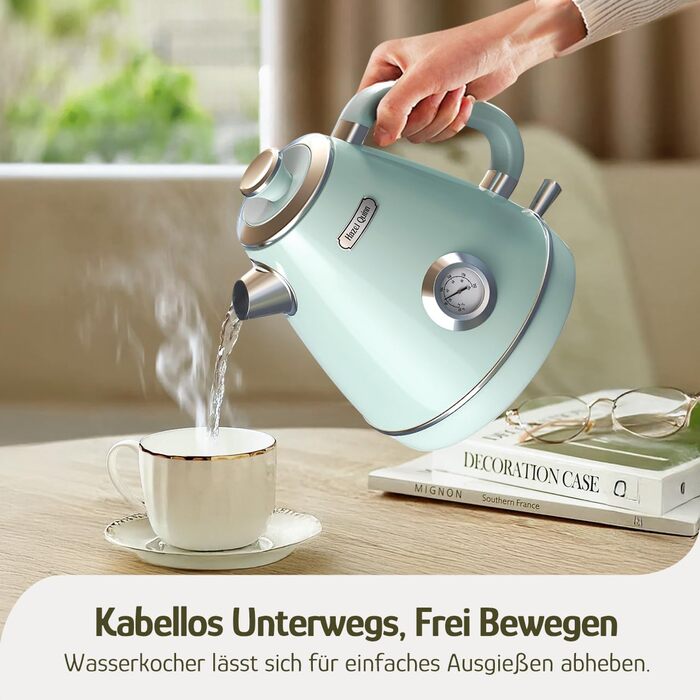 Електричний чайник Hazel Quinn Retro з термометром, з нержавіючої сталі, без пластику, 1.7 л, 2200 Вт, автоматичне відключення, вінтажний дизайн (М'ятно-зелений)