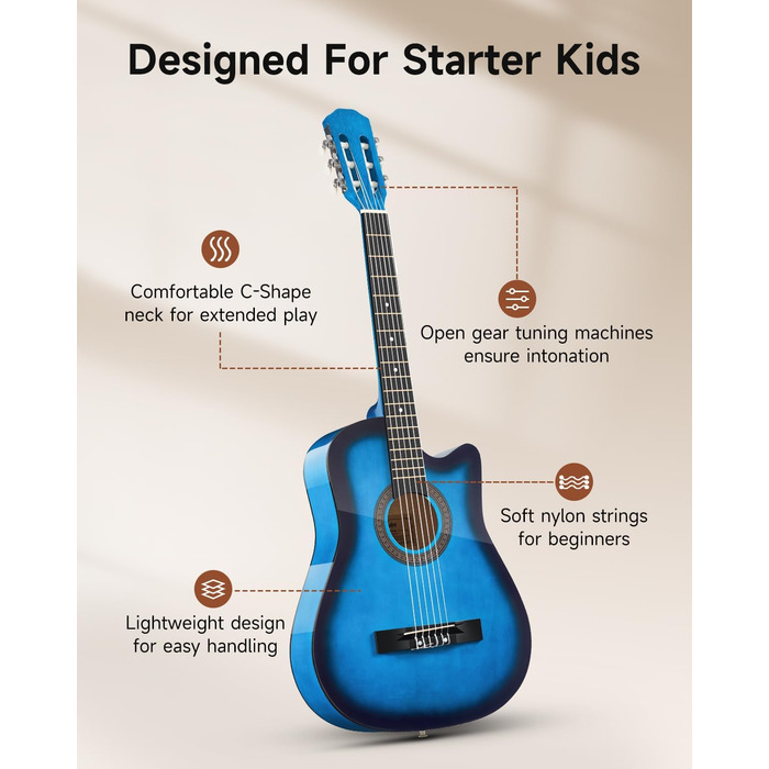 Акустична гітара Moukey для початківців, дітей, підлітків та дорослих, 38 дюймів, блакитна. Комплект з чохлом, тюнером, медіатором, каподастром та нейлоновими струнами