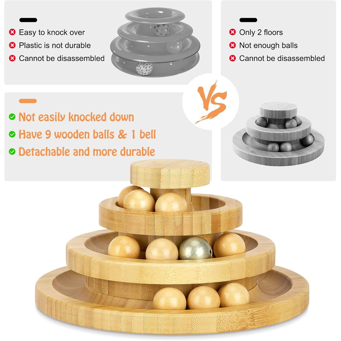 Cat Toy Self-Entertainment, Interactive Bamboo Cat Toy THREE Tiers Rotating Smart Track Ball Swing Roller with Bells