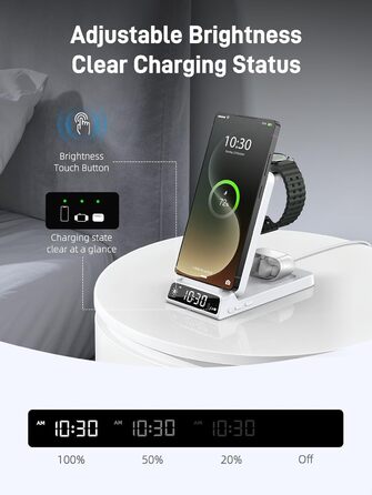 Бездротова зарядка для Samsung з годинником: станція для Galaxy S25 Ultra/S24/Z Fold 6/Flip 7/Bud, Watch, серій 8/7/6/5Pro, 3 в 1, сірий (білий)