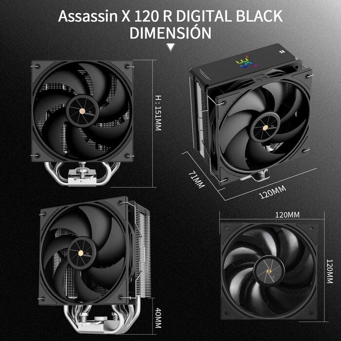Thermalright Assassin X 120R Black - Кулер для CPU з цифровим дисплеєм, підтримка AM4/AM5, Intel LGA1851/1700/1150/1151/1200